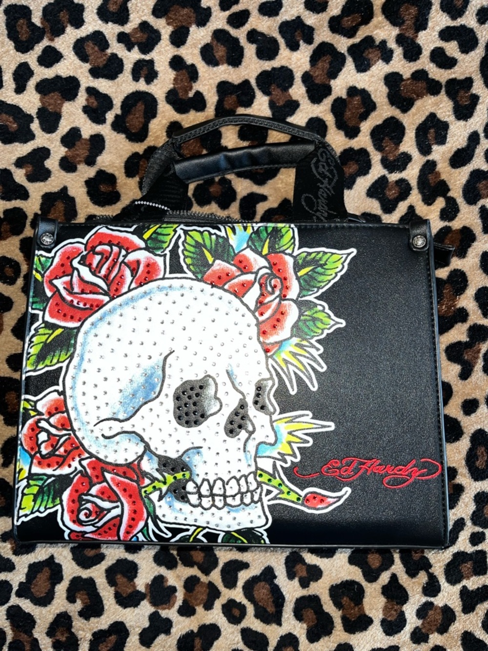 Ed Hardy Black Skull & Red Roses Top-Handle Satchel